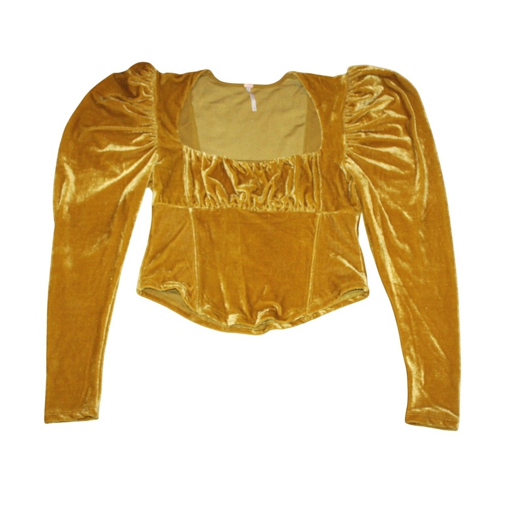 Free People velvet corset top Med mustard yellow puff sleeve square neck stretch